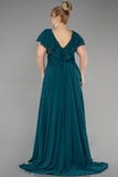 Επίσημο μακρύ φόρεμα από μουσελίνα  σε μεγάλα μεγέθη- Σκούρο πράσινο N032