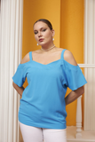 Γυναικεία μπλούζα με τιραντάκια και έξω τους ώμους σε μεγάλα μεγέθη- Μπλε