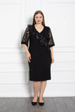 Midi εντυπωσιακό φόρεμα από ζορζέτα σε μεγάλα μεγέθη -Μαύρο