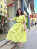 Καλοκαιρινό Maxi φόρεμα με κέντημα  σε μεγάλα μεγέθη- Κίτρινο