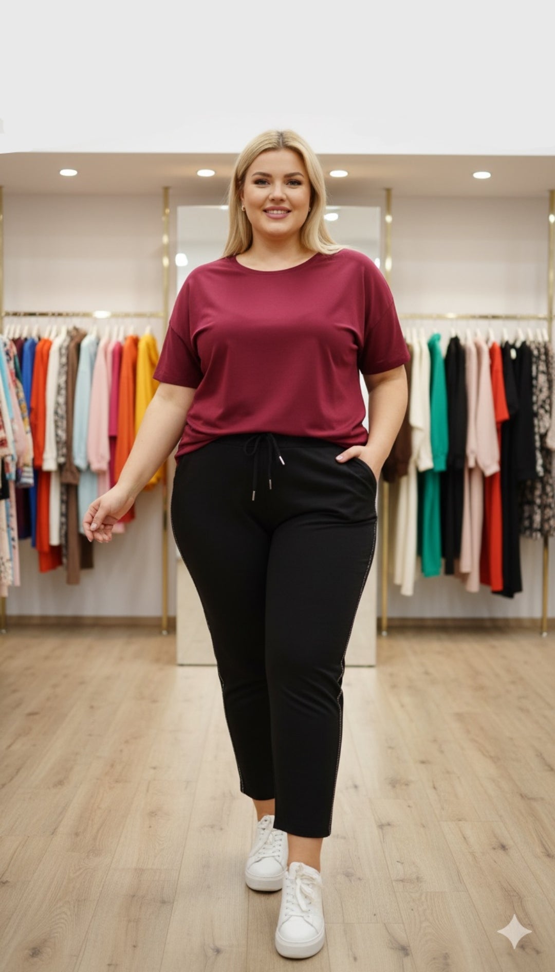 Παντελόνι με διακοσμητική τρέσα από στρασάκια σε μαύρο χρώμα σε μεγάλα μεγέθη