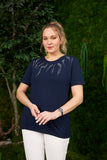 Γυναικεία μπλούζα με στάμπα και στρασάκια σε μεγάλα μεγέθη- Σκούρο Μπλέ