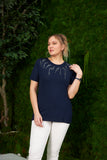 Γυναικεία μπλούζα με στάμπα και στρασάκια σε μεγάλα μεγέθη- Σκούρο Μπλέ