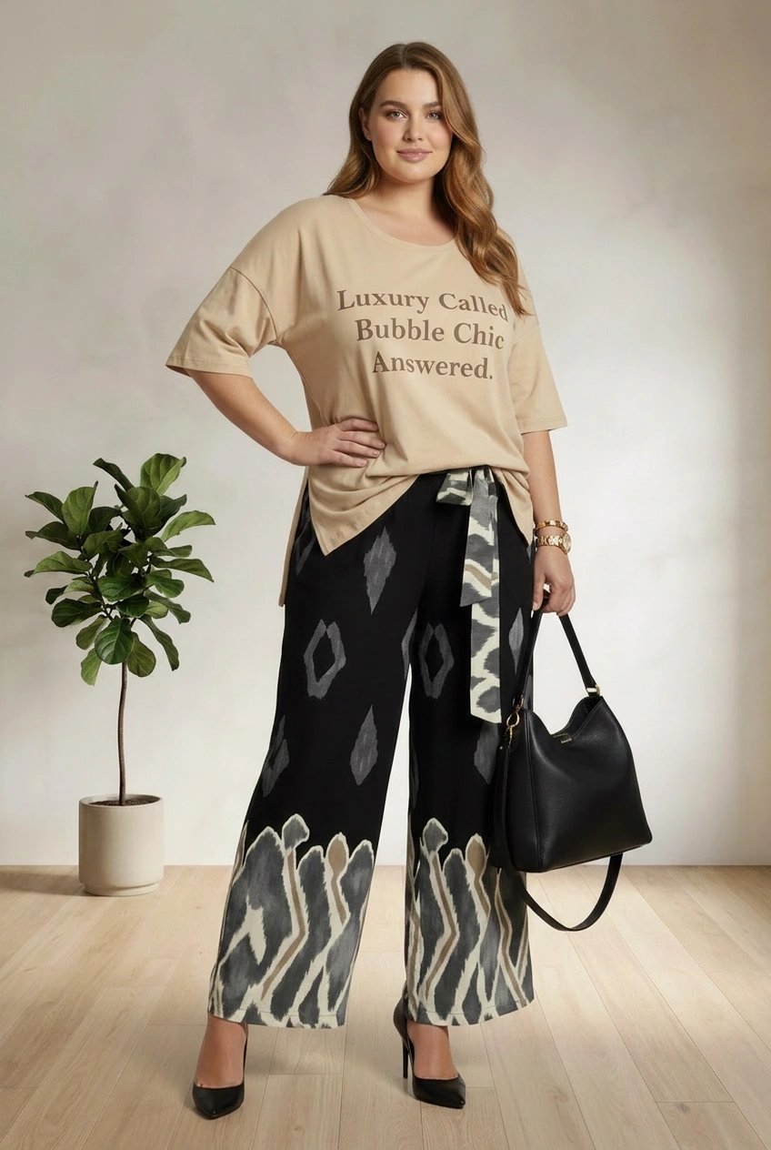 Καλοκαιρινό γυναικείο παντελόνι από βισκόζη με ζώνη| Μεγάλα μεγέθη