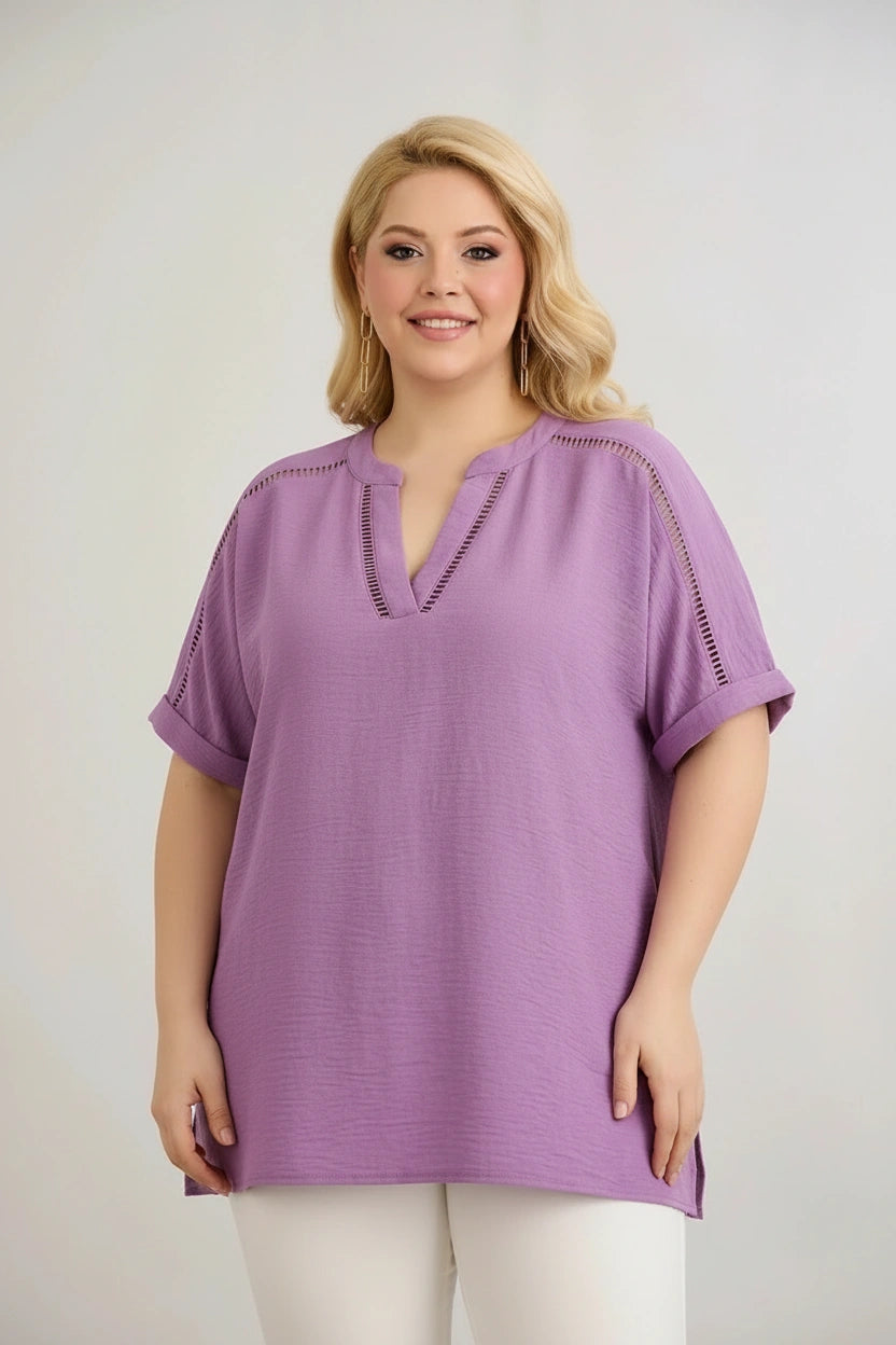 Αέρινη τουνίκ με boho λεπτομέρειες σε Λιλά χρώμα σε μεγάλα μεγέθη
