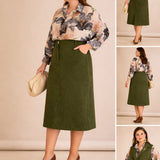 Midi κομψή φούστα με ελαστική μέση – Χακί