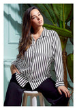 Ριγέ γυναικείο πουκάμισο βισκόζη σε μεγάλα μεγέθη - Γκρί