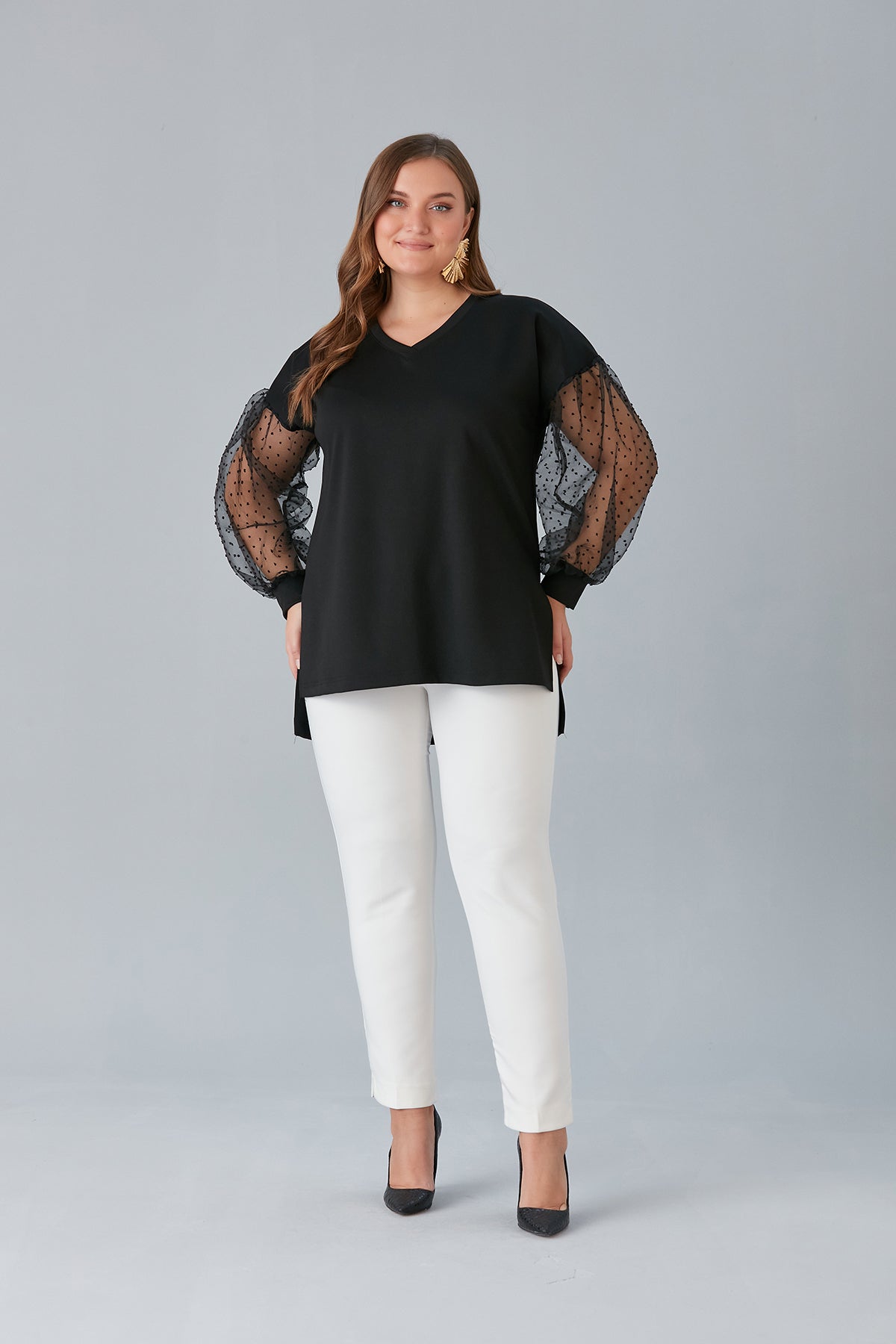 Γυναικεία μπλούζα με μανίκια ζορζέτα σε μεγάλα μεγέθη