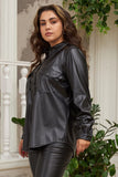 Γυναικείο πουκάμισο δερμάτινη με κουμπιά σε μεγάλα μεγέθη- Μαύρο