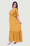 Βαμβακερό maxi φόρεμα σε μεγάλα μεγέθη- Κίτρινο πουά