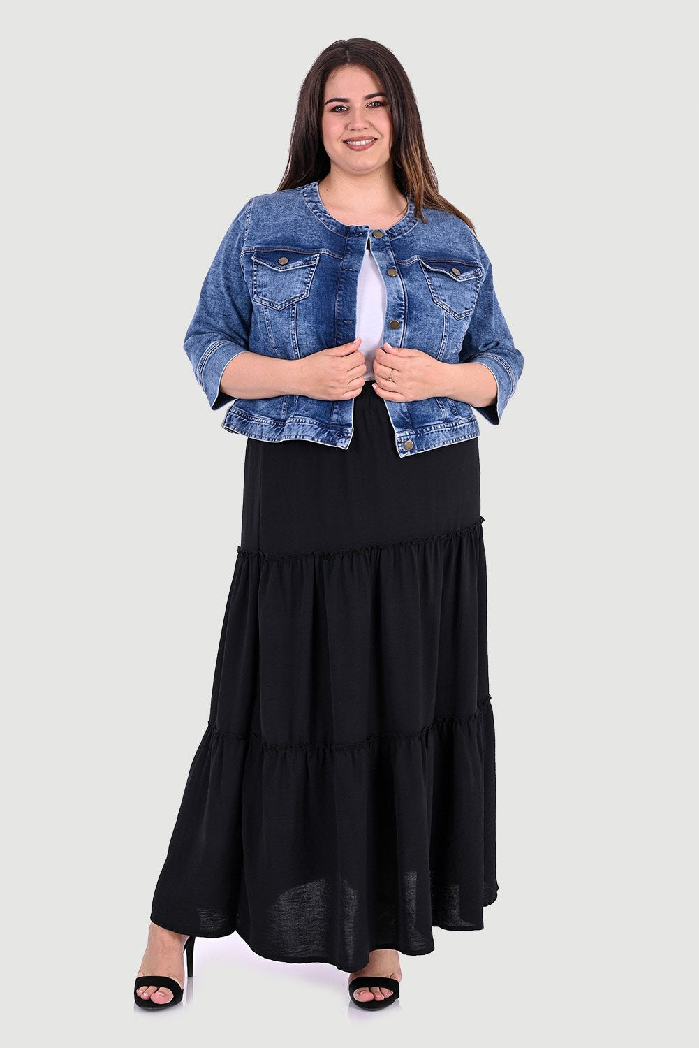 Κοντό Denim μπουφάν με 3/4 μανίκια μεγάλα μεγέθη- Μπλε