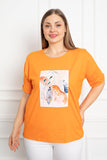 Γυναικείο βαμβακερό κοντομάνικο μπλουζάκι με στάμπα  σε μεγάλα μεγέθη - Πορτοκάλι
