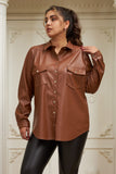 Γυναικείο πουκάμισο δερμάτινη με κουμπιά σε μεγάλα μεγέθη- Καμηλό